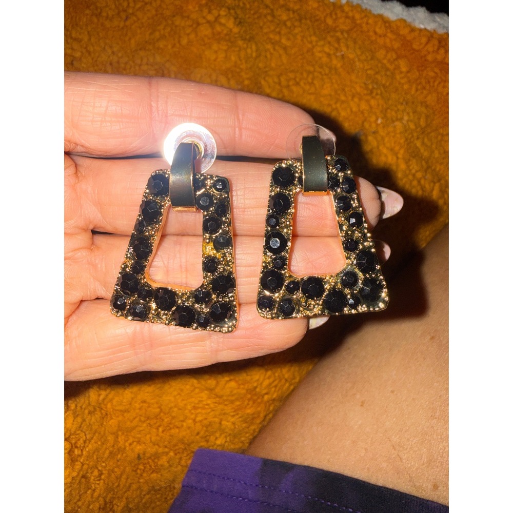 Gold Tone Black Rhinestone Geometric Trapezoid Drop Statement Earrings Women
